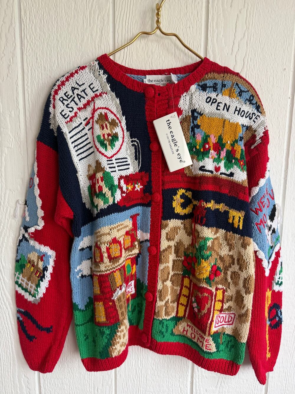 NWT XL Vintage 1993 Eagle's Eye Real Estate Hand Knit Cardigan XMAS Cows